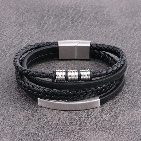 Punk Stainless Steel Charm Accessories, Multi-layer Braided Leather Cord Bracelet